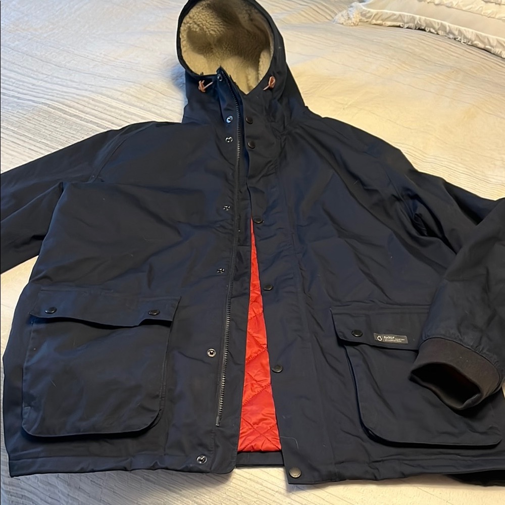 Men's Barbour Jacket with Red quotes lining and cozy Sherpa hood